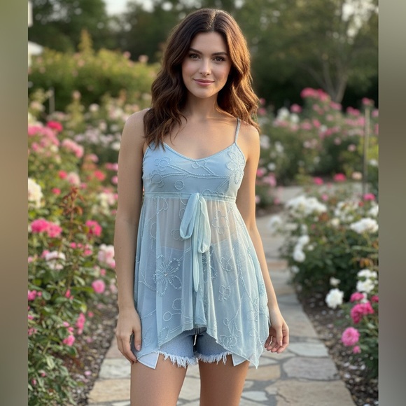 Light Blue Floral hand beaded Attitudes by Debra top and skirt set. - Picture 4 of 16